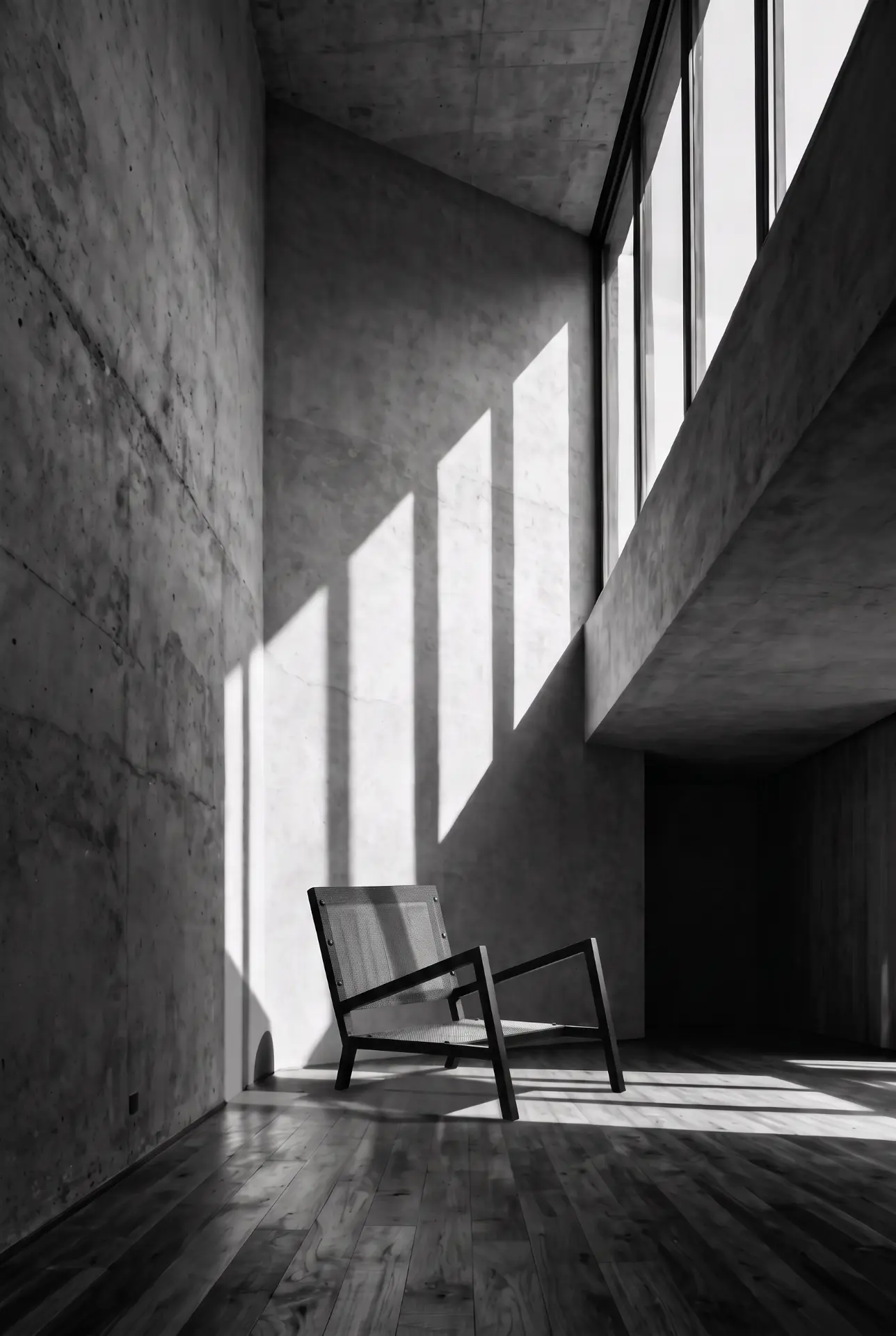 Bespoke low lounge chair in a concrete interior striped with daylight
