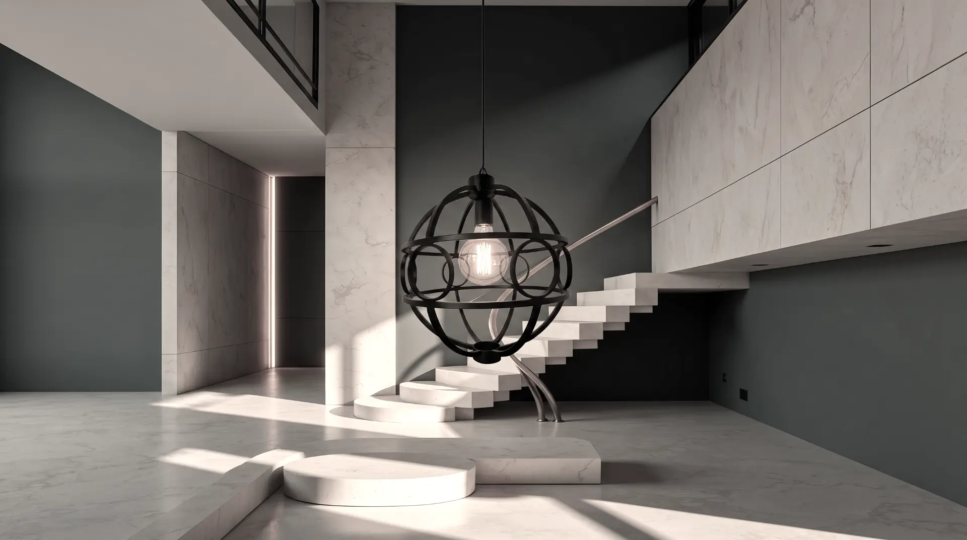 Handcrafted sculptural pendant beside a sweeping stone staircase